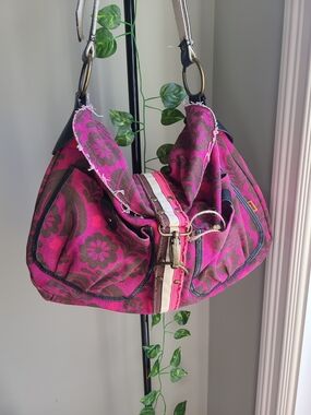 VINTAGE Parcel III Hot Pink & Chocolate Floral Canvas Hobo Bag